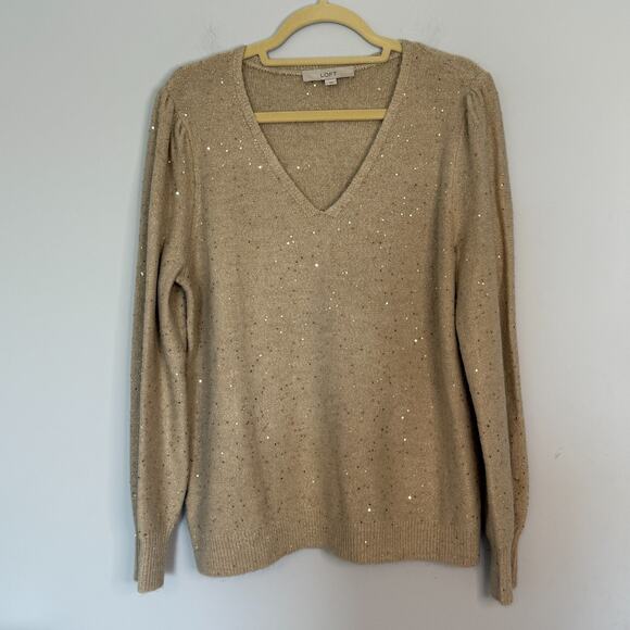 Loft Womens Gold Sequin Sweater Size Large V-Neck Holiday Party Sparkle Stretch - Picture 1 of 6
